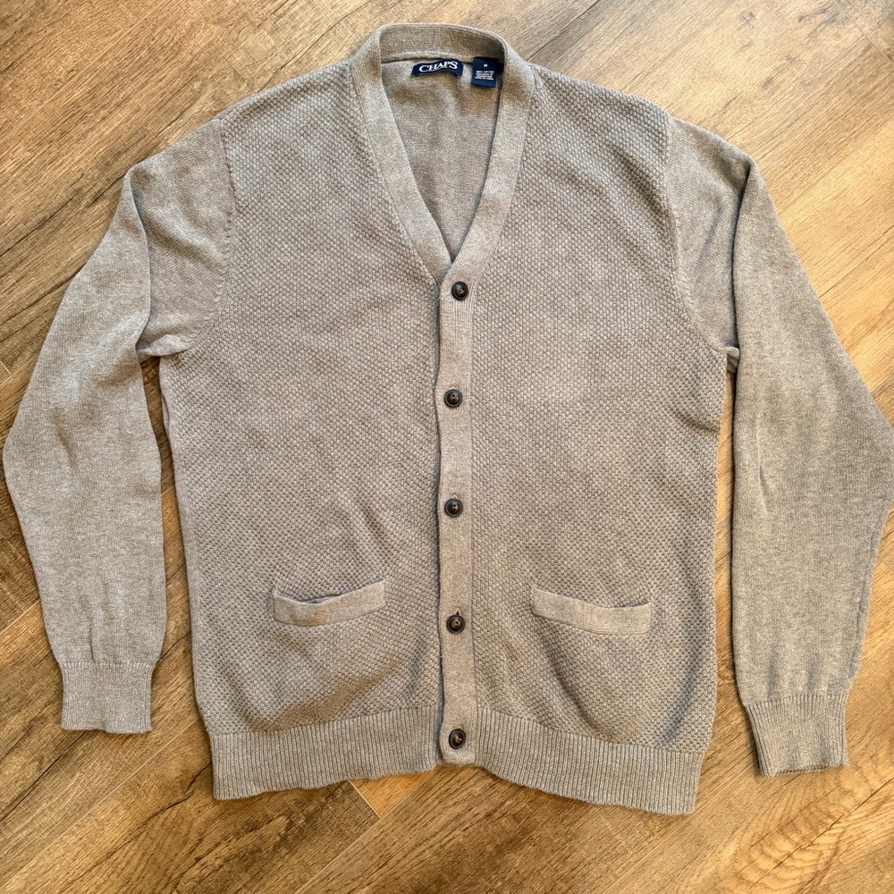 Chaps Men's M Gray‎ Knit Cardigan Sweater Five Button Pockets Grandpacore Preppy